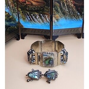 70 Yr Old TAXCO MEXICO Sterling Silver Abolone Bracelet & Earrings Set 61.66 Gr.